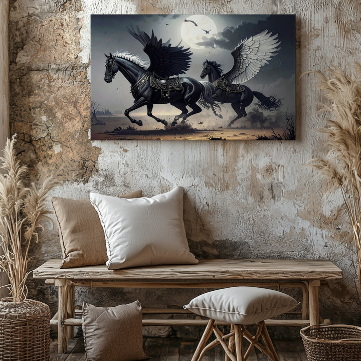 Epic Armored Horses Canvas – Dark Fantasy Battle with Feathered Wings - Gifitto