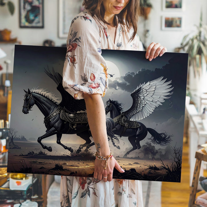 Epic Armored Horses Canvas – Dark Fantasy Battle with Feathered Wings - Gifitto
