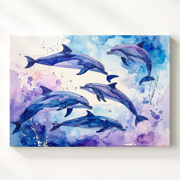 Pastel Dolphin Dance Canvas – Delicate Watercolor Marine Illustration