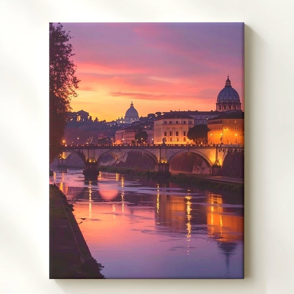 Sunset Riverside Elegance Canvas – Romantic European Cityscape with Arched Bridge