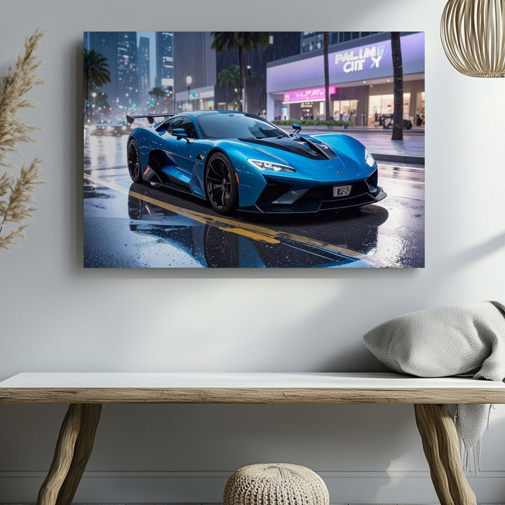 Blue Lamborghini Aventador Canvas – Neon Night Urban Supercar Art - Gifitto