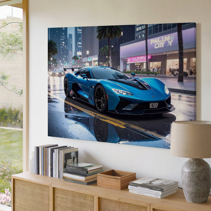 Blue Lamborghini Aventador Canvas – Neon Night Urban Supercar Art - Gifitto