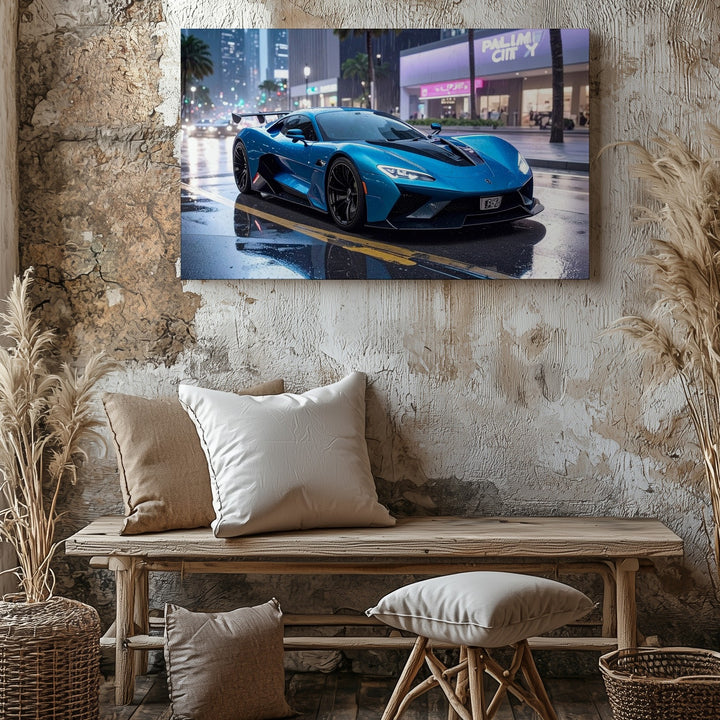 Blue Lamborghini Aventador Canvas – Neon Night Urban Supercar Art - Gifitto