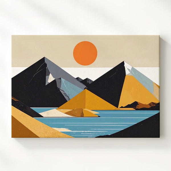 Stylized Desert Canvas – Geometric Landscape with Black Mountains, Blue Water, and Orange Sun - Gifitto