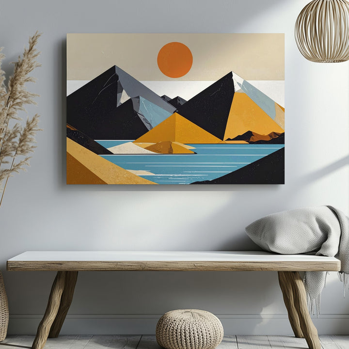 Stylized Desert Canvas – Geometric Landscape with Black Mountains, Blue Water, and Orange Sun - Gifitto