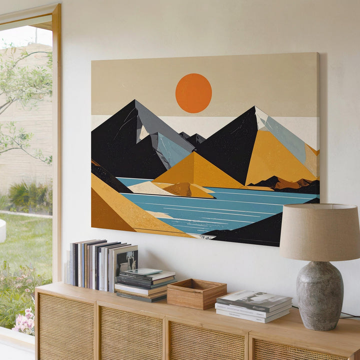 Stylized Desert Canvas – Geometric Landscape with Black Mountains, Blue Water, and Orange Sun - Gifitto