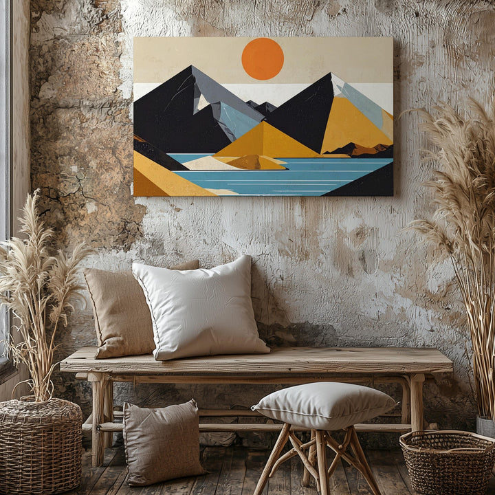 Stylized Desert Canvas – Geometric Landscape with Black Mountains, Blue Water, and Orange Sun - Gifitto