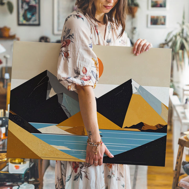 Stylized Desert Canvas – Geometric Landscape with Black Mountains, Blue Water, and Orange Sun - Gifitto