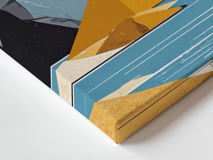 Stylized Desert Canvas – Geometric Landscape with Black Mountains, Blue Water, and Orange Sun - Gifitto