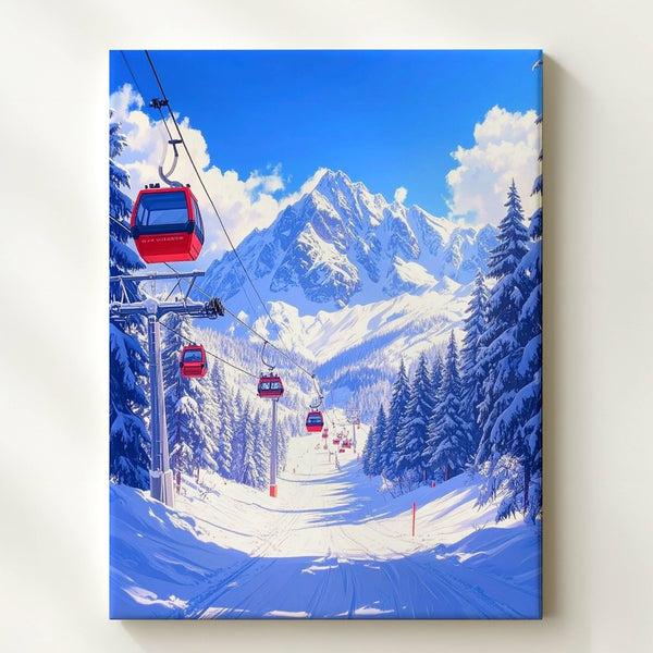 Bright Winter Cable Cars Canvas – Vibrant Mountain Ski Scene