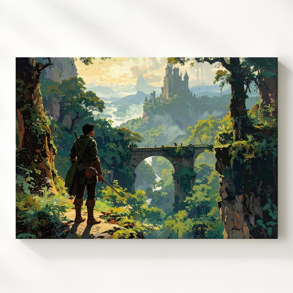 Lone Traveler Fantasy Canvas – Epic Cliffside Castle Adventure Art - Gifitto