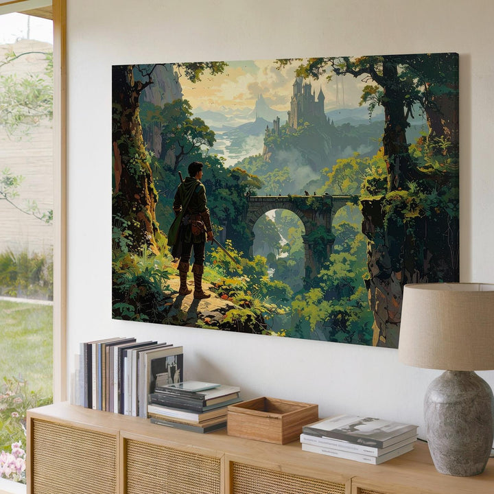 Lone Traveler Fantasy Canvas – Epic Cliffside Castle Adventure Art - Gifitto