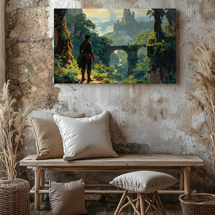 Lone Traveler Fantasy Canvas – Epic Cliffside Castle Adventure Art - Gifitto