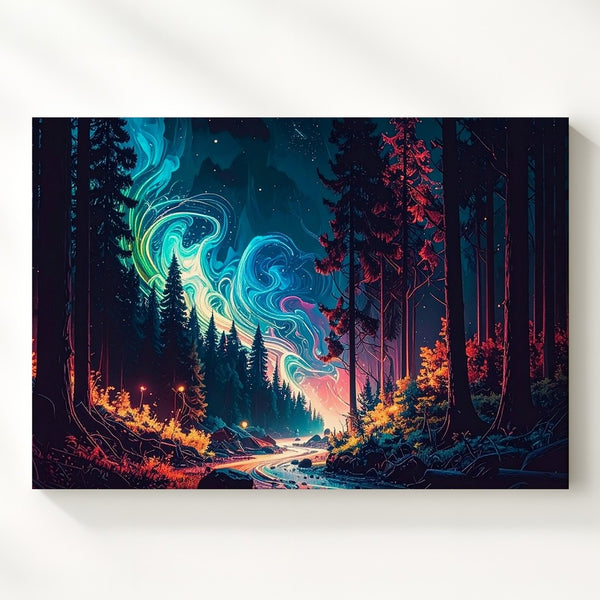 Enchanted Energy Trail Canvas – Mystical Night Forest Fantasy Wall Art - Gifitto