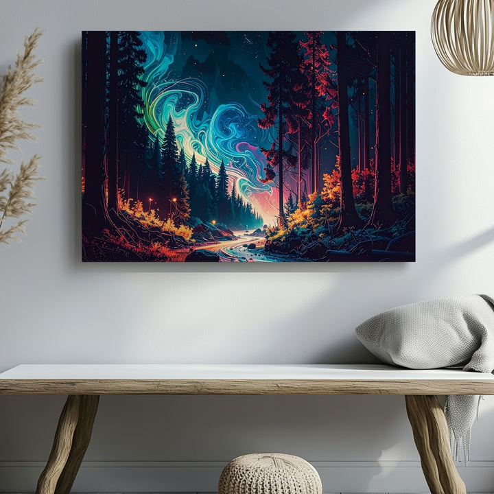 Enchanted Energy Trail Canvas – Mystical Night Forest Fantasy Wall Art - Gifitto