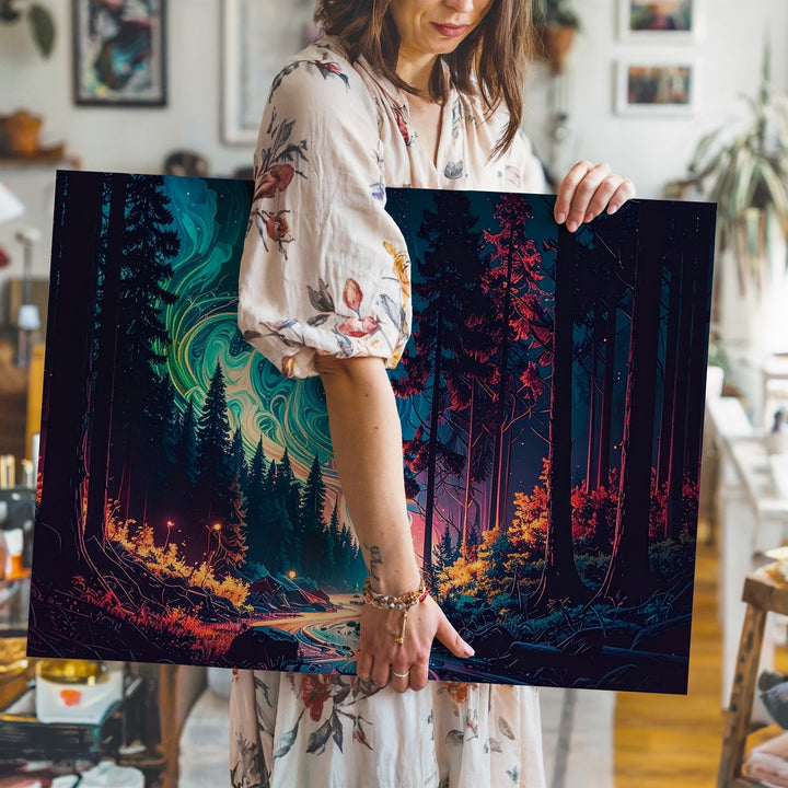 Enchanted Energy Trail Canvas – Mystical Night Forest Fantasy Wall Art - Gifitto