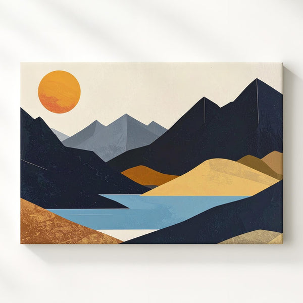 Tranquil Sunrise Canvas – Minimalist Geometric Landscape with Black Mountains and Orange Sun - Gifitto