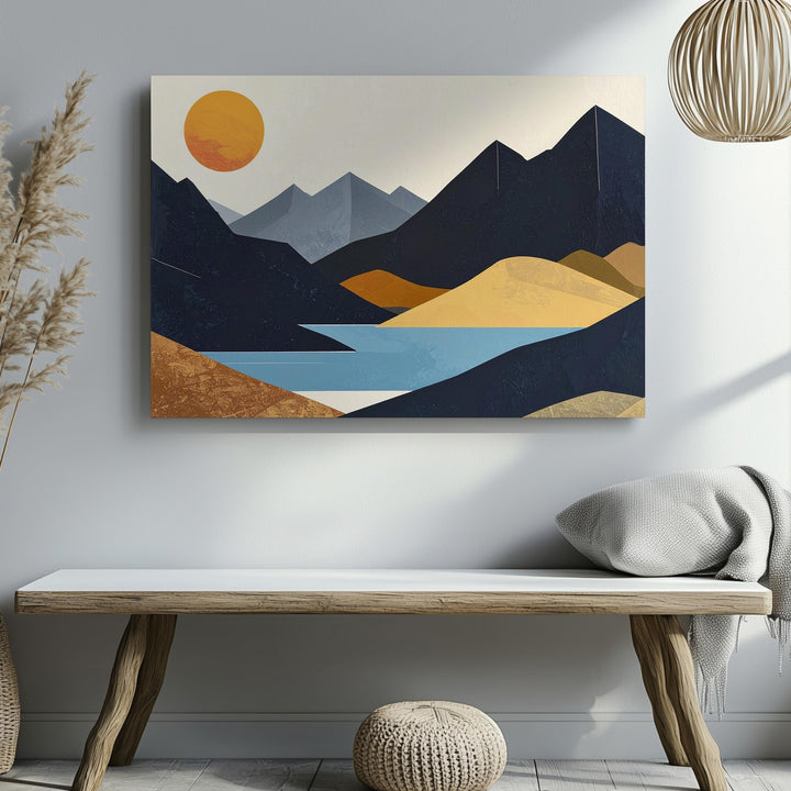 Tranquil Sunrise Canvas – Minimalist Geometric Landscape with Black Mountains and Orange Sun - Gifitto