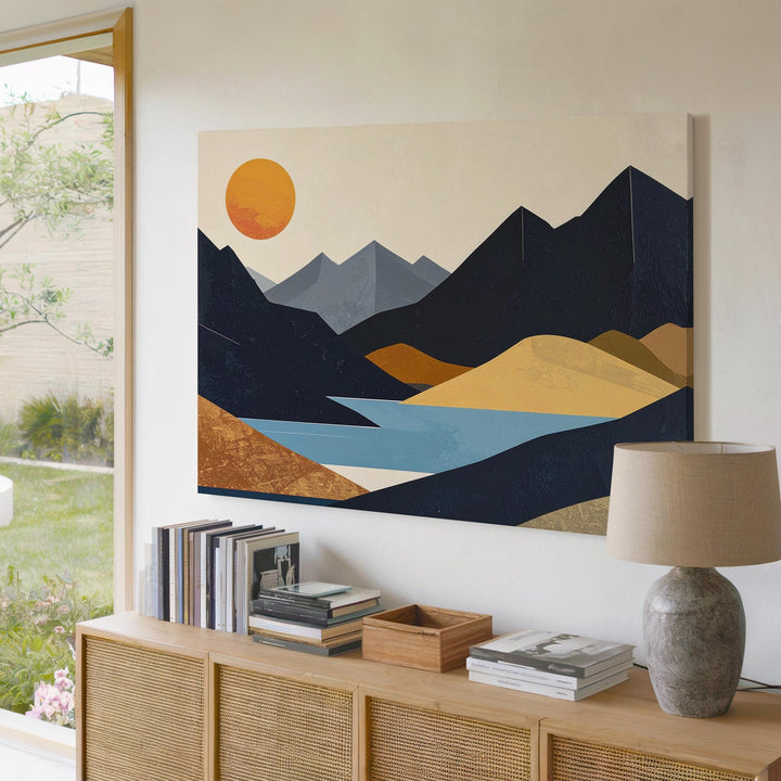 Tranquil Sunrise Canvas – Minimalist Geometric Landscape with Black Mountains and Orange Sun - Gifitto