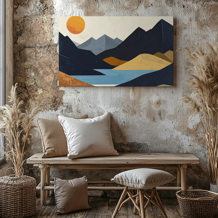 Tranquil Sunrise Canvas – Minimalist Geometric Landscape with Black Mountains and Orange Sun - Gifitto