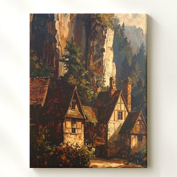 Enchanted Cliffside Village Canvas – Textured Medieval Forest Scene