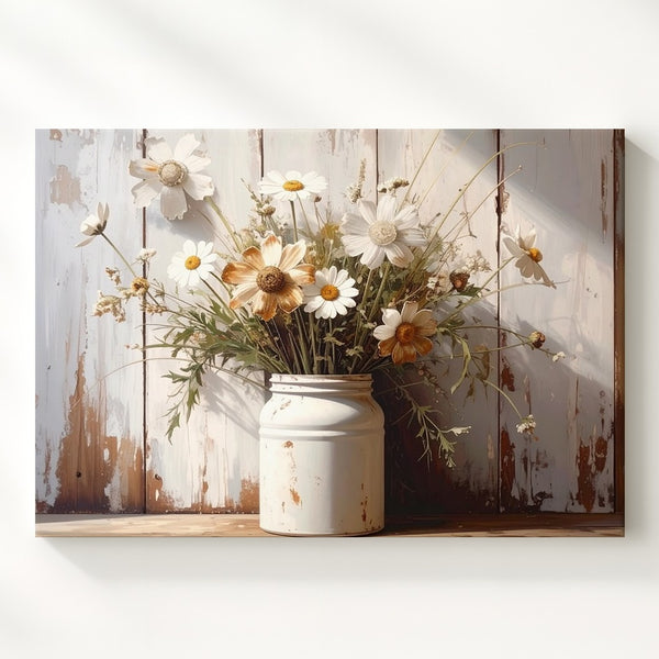 Rustic Daisy Mason Jar Canvas – Vintage Country Still Life Wall Art - Gifitto