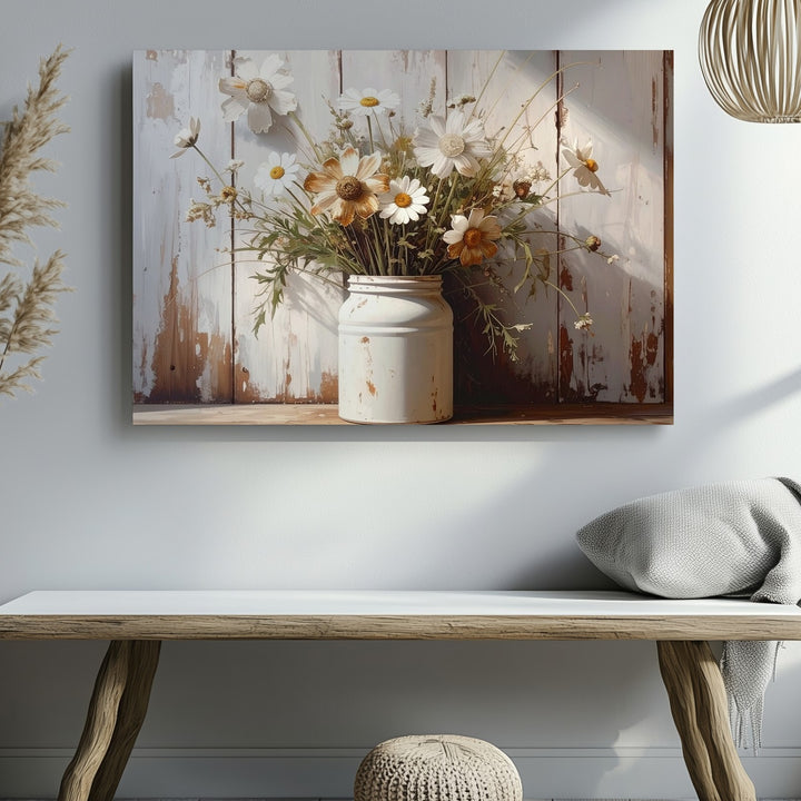 Rustic Daisy Mason Jar Canvas – Vintage Country Still Life Wall Art - Gifitto