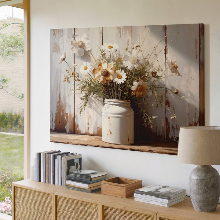 Rustic Daisy Mason Jar Canvas – Vintage Country Still Life Wall Art - Gifitto