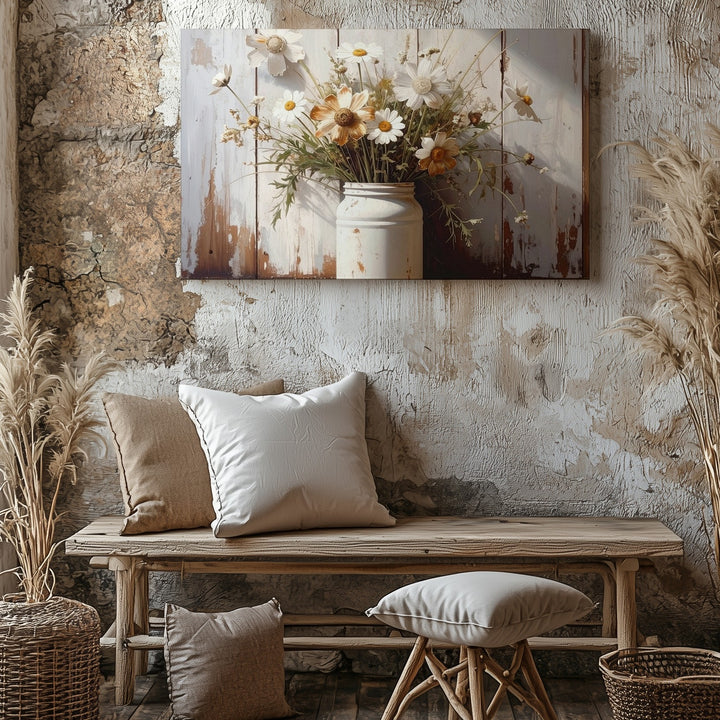 Rustic Daisy Mason Jar Canvas – Vintage Country Still Life Wall Art - Gifitto