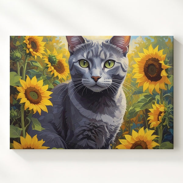 Gray Cat in Sunflower Field Canvas – Serene Summer Feline Art - Gifitto