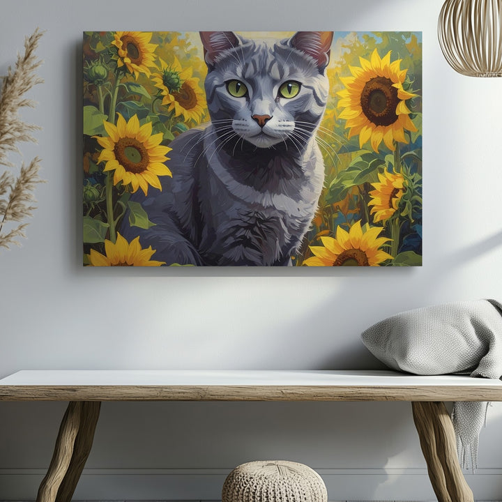 Gray Cat in Sunflower Field Canvas – Serene Summer Feline Art - Gifitto