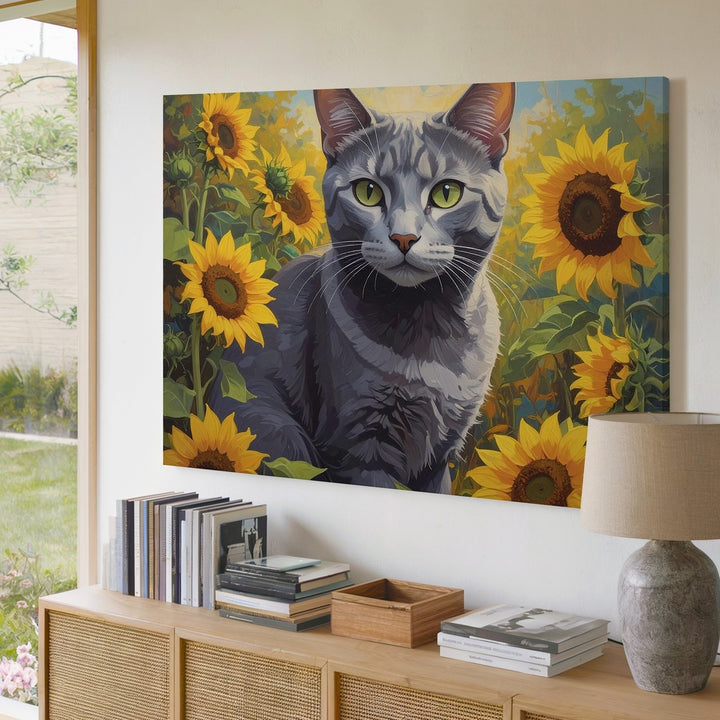 Gray Cat in Sunflower Field Canvas – Serene Summer Feline Art - Gifitto