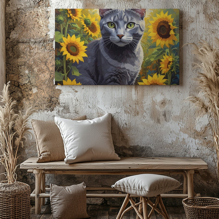 Gray Cat in Sunflower Field Canvas – Serene Summer Feline Art - Gifitto