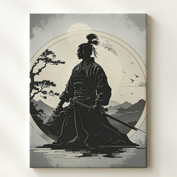 Silent Honor Canvas – Minimalist Samurai Silhouette with Rising Sun - Gifitto