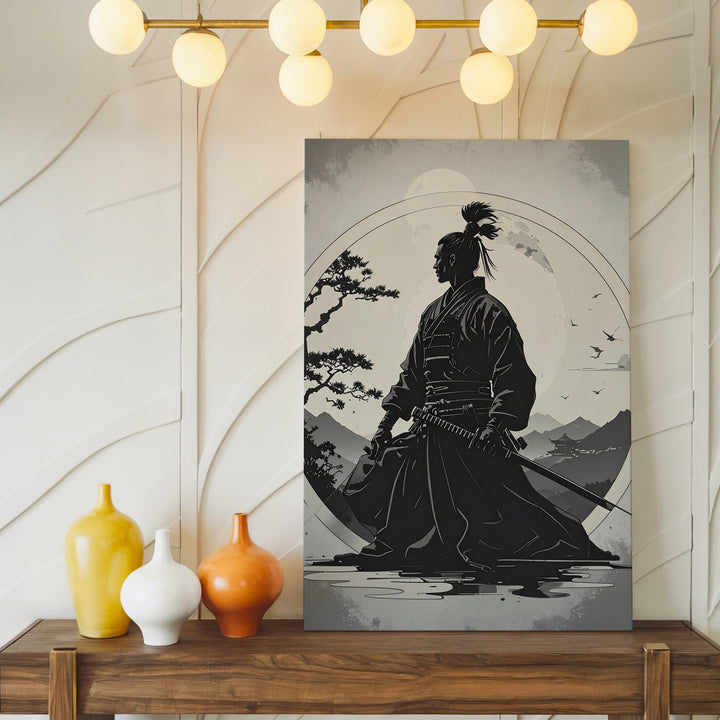 Silent Honor Canvas – Minimalist Samurai Silhouette with Rising Sun - Gifitto