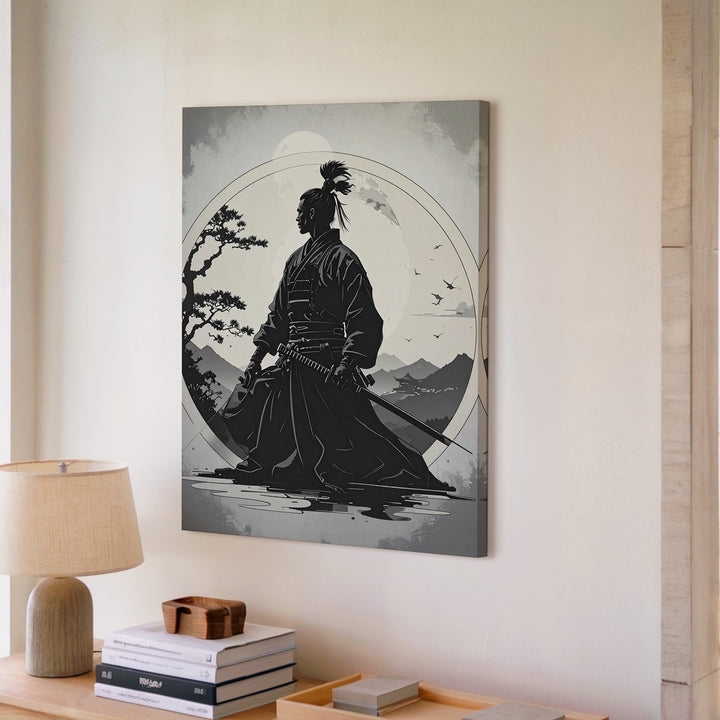 Silent Honor Canvas – Minimalist Samurai Silhouette with Rising Sun - Gifitto