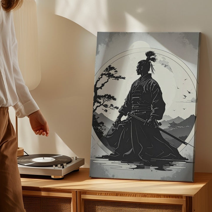 Silent Honor Canvas – Minimalist Samurai Silhouette with Rising Sun - Gifitto