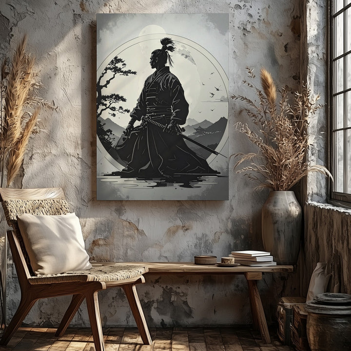 Silent Honor Canvas – Minimalist Samurai Silhouette with Rising Sun - Gifitto