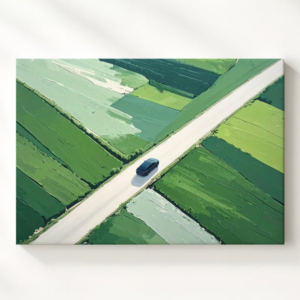 Surreal Aerial Road Canvas – Minimalist Car Journey Over Green Fields - Gifitto