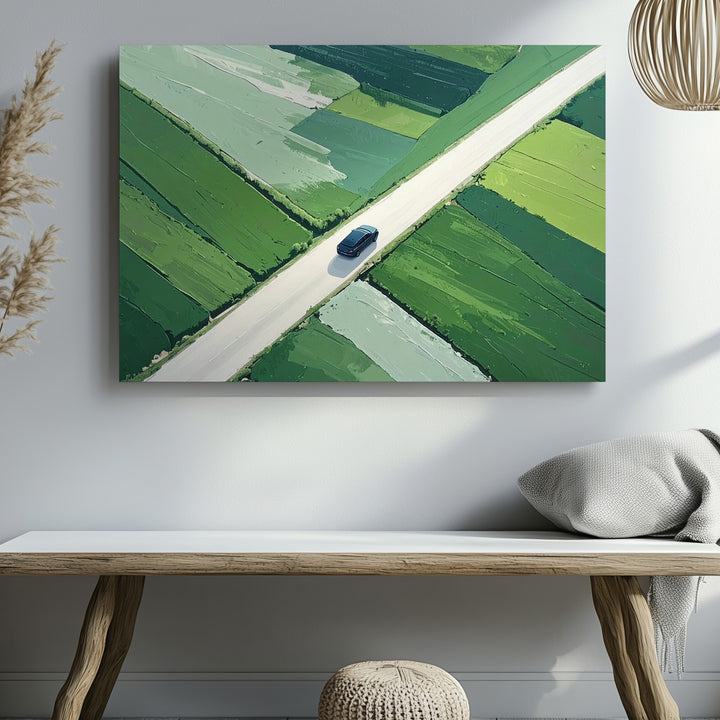 Surreal Aerial Road Canvas – Minimalist Car Journey Over Green Fields - Gifitto