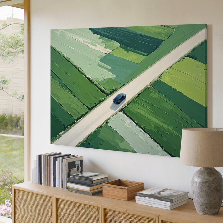 Surreal Aerial Road Canvas – Minimalist Car Journey Over Green Fields - Gifitto
