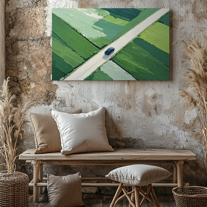 Surreal Aerial Road Canvas – Minimalist Car Journey Over Green Fields - Gifitto