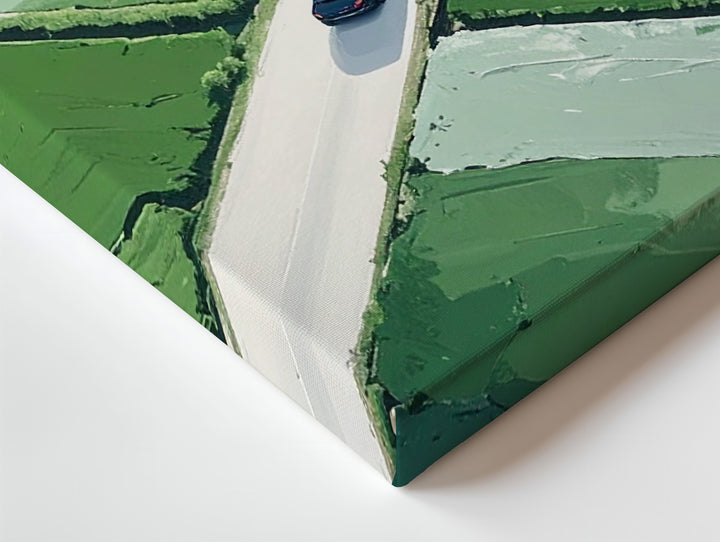 Surreal Aerial Road Canvas – Minimalist Car Journey Over Green Fields - Gifitto