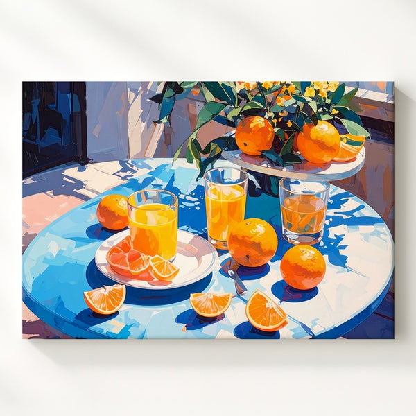 Sunlit Citrus Table Canvas – Vibrant Still Life with Oranges & Refreshing Drinks - Gifitto