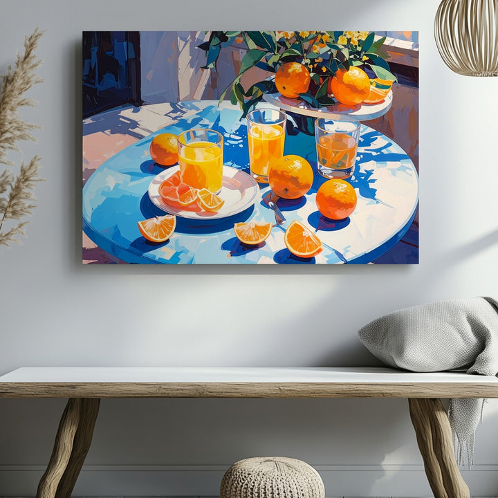 Sunlit Citrus Table Canvas – Vibrant Still Life with Oranges & Refreshing Drinks - Gifitto