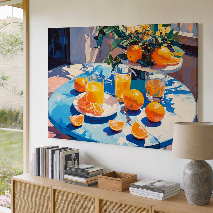 Sunlit Citrus Table Canvas – Vibrant Still Life with Oranges & Refreshing Drinks - Gifitto