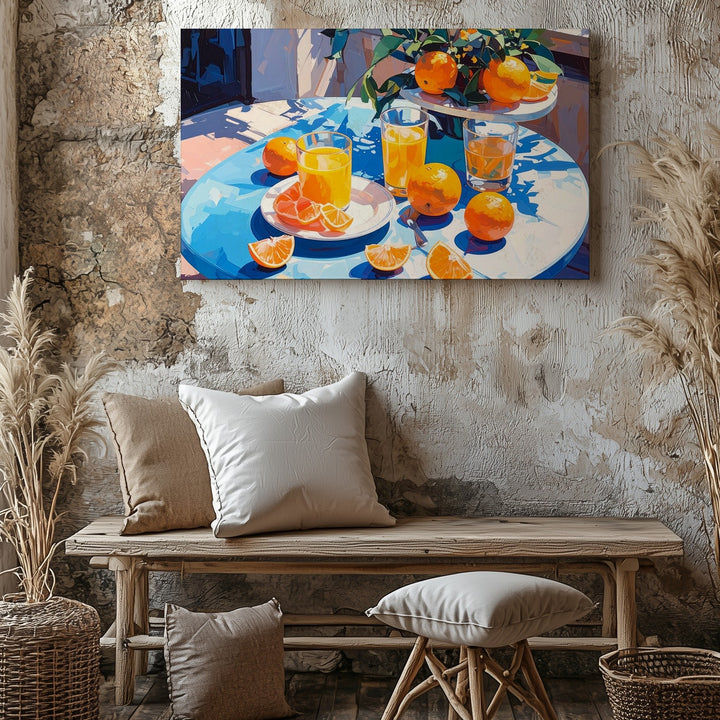 Sunlit Citrus Table Canvas – Vibrant Still Life with Oranges & Refreshing Drinks - Gifitto