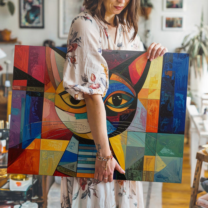 Cubist Cat Canvas – Bold Abstract Geometric Feline Art - Gifitto