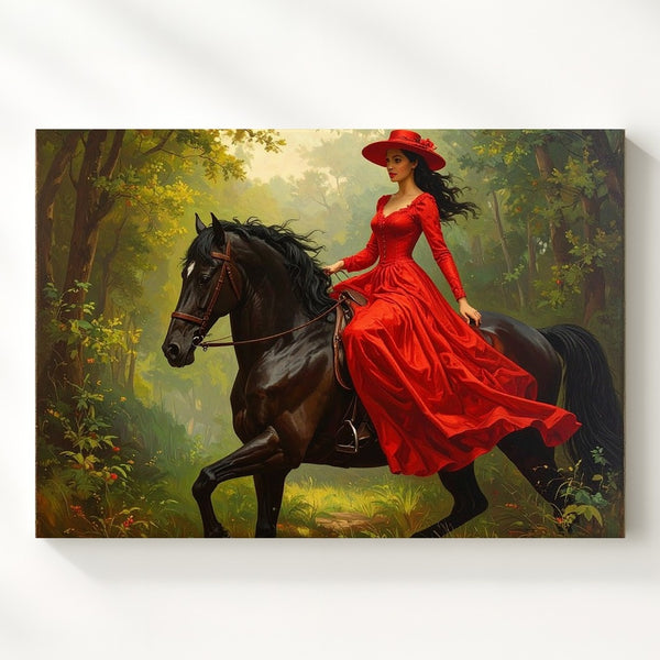 Elegance in Motion Canvas – Woman in Red Dress Riding Black Horse - Gifitto