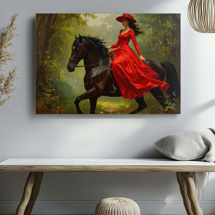 Elegance in Motion Canvas – Woman in Red Dress Riding Black Horse - Gifitto